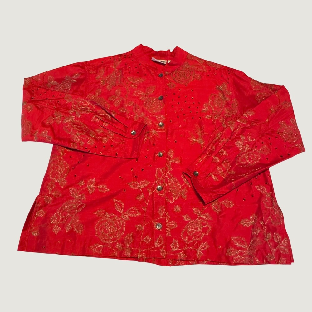 Chico's Design Silk Shirt Red Gold Embroidered Beaded Vintage Size 1 M Festive